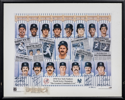 1978 New York Yankees Team Signed "The Greatest Comeback Ever" Litho Print In 36x28 Framed Display With 24 Signatures (Beckett)